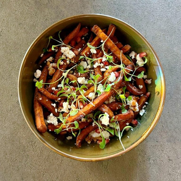 Sweet Potato Fries with Feta, Hot Honey, and Pomegranate. Our Small Plates Menu embodies our Ethos of Culinary Excellence. 